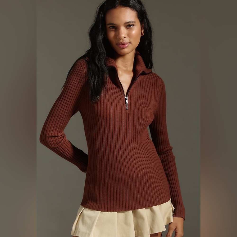 Maeve Fitted Half-Zip Sweater - Brown